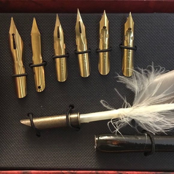 Authentic Models Other - Handlettering Calligraphy Feather Quill Fountain Pen w India Ink Set 6 nibs